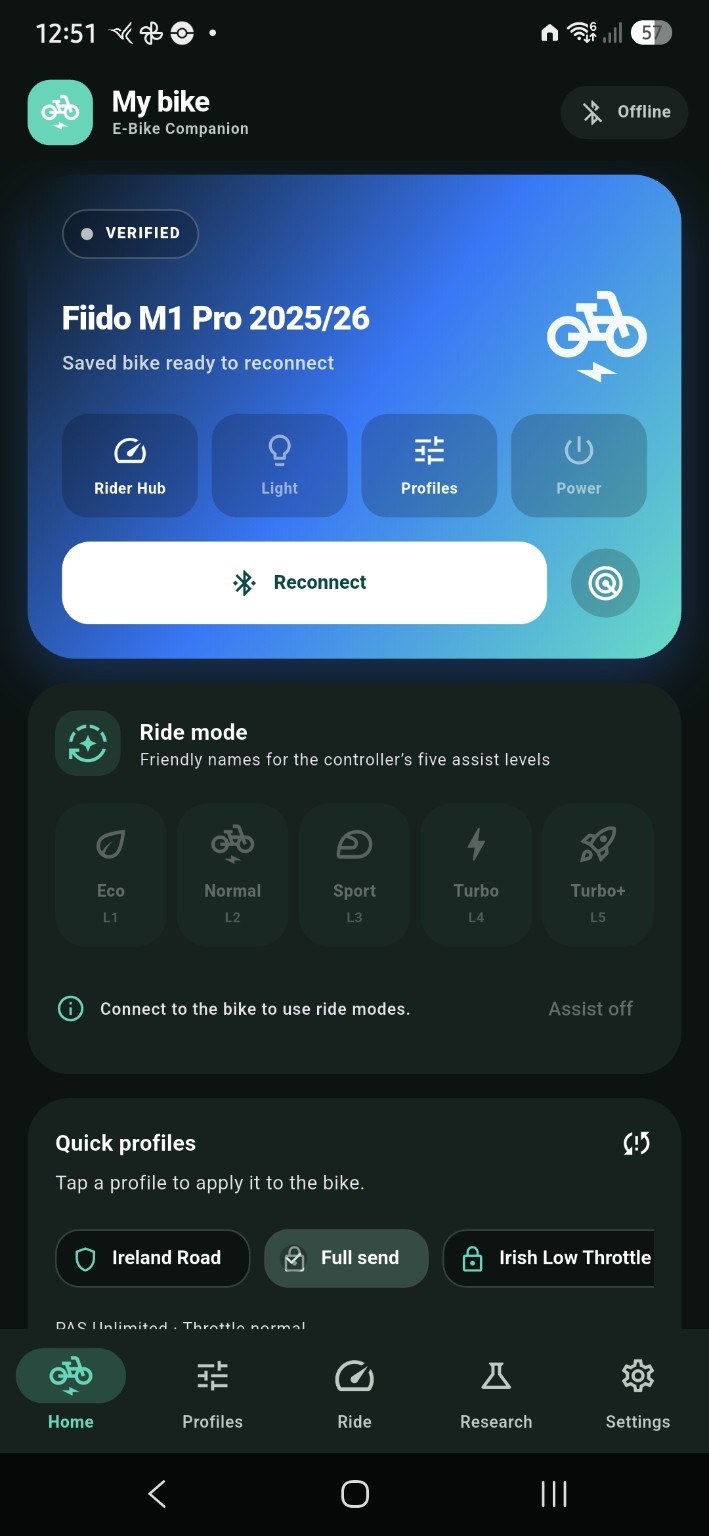 E-Bike Companion Home screen showing the saved Fiido M1 Pro bike card, ride modes and quick profiles
